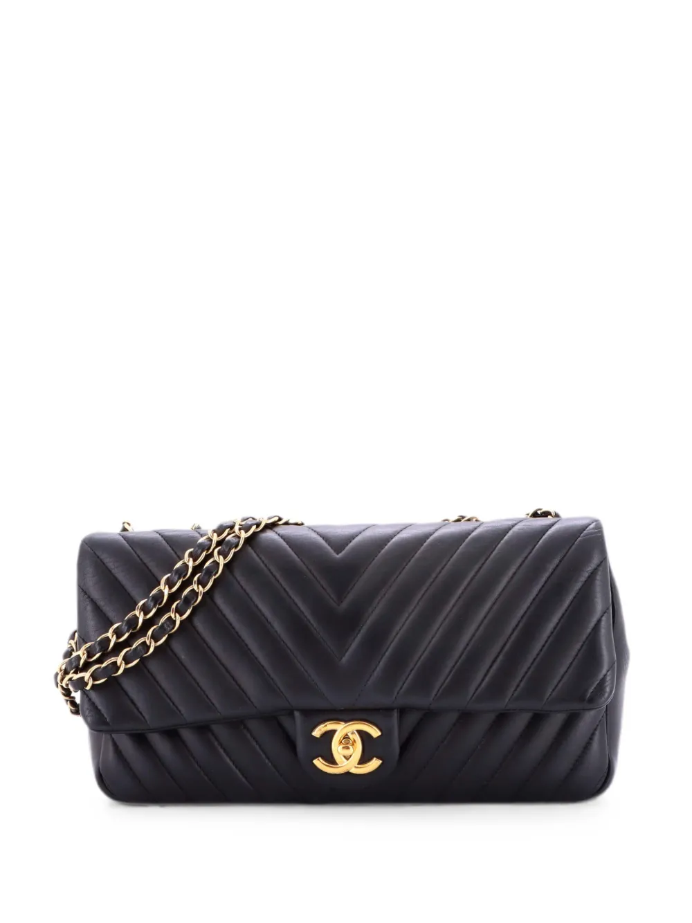 CHANEL Pre-Owned Borsa a spalla Classic Double Flap media in pelle di agnello con motivo chevron - Nero