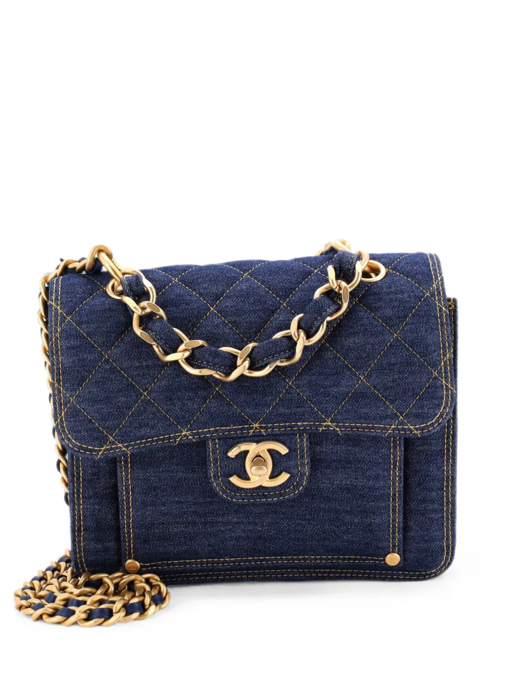 CHANEL Pre-Owned Borsa a spalla Double You CC media in denim trapuntato con battente - Blu