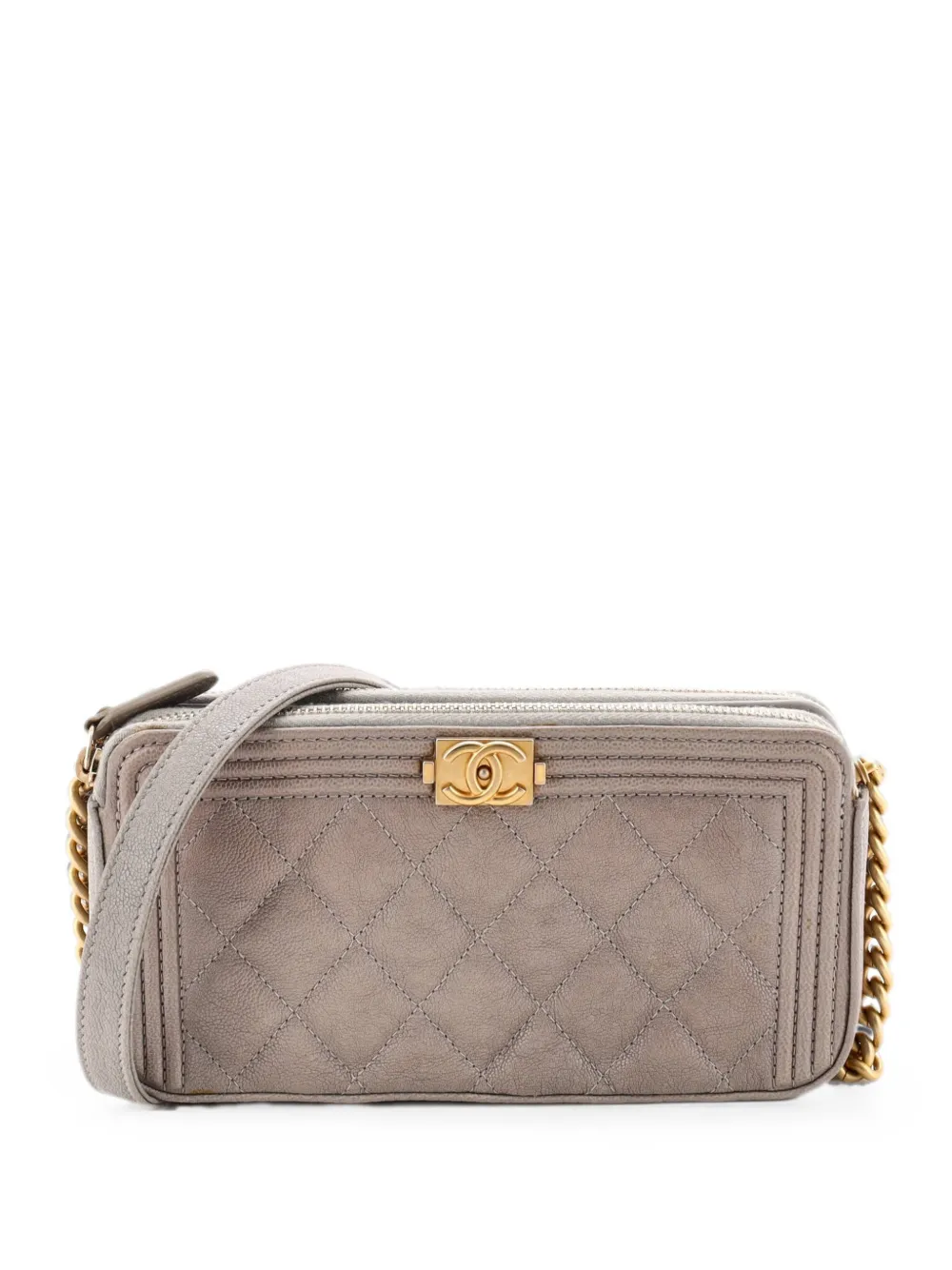 CHANEL Pre-Owned Clutch Boy in pelle Caviar trapuntata con doppia zip e catena - Grigio