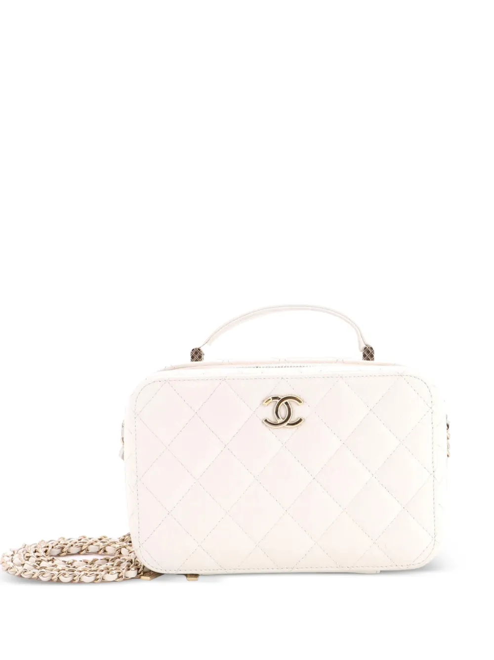 CHANEL Pre-Owned CC Zip Around Top Handle Vanity Case with Chain Quilted Caviar Small satchel - White