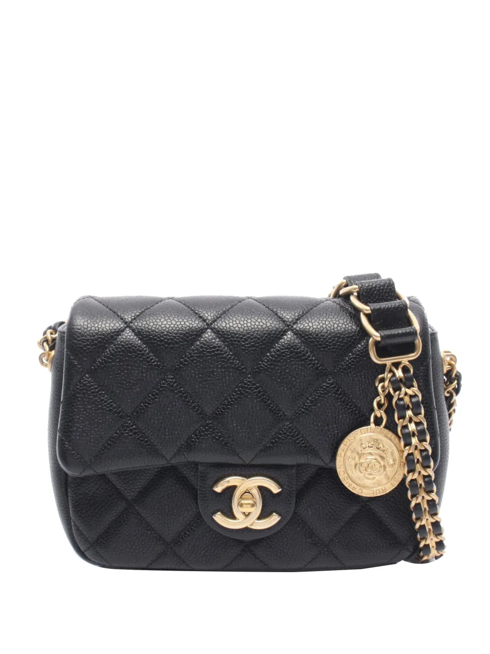 CHANEL Pre-Owned Borsa a tracolla Camellia Chain Flap mini in pelle Caviar trapuntata con catena 2021-2026 - Nero