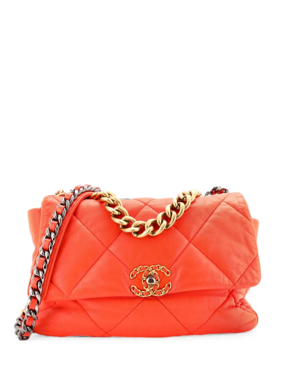 CHANEL Pre-Owned Borsa a tracolla 19 grande in pelle trapuntata con battente - Arancione