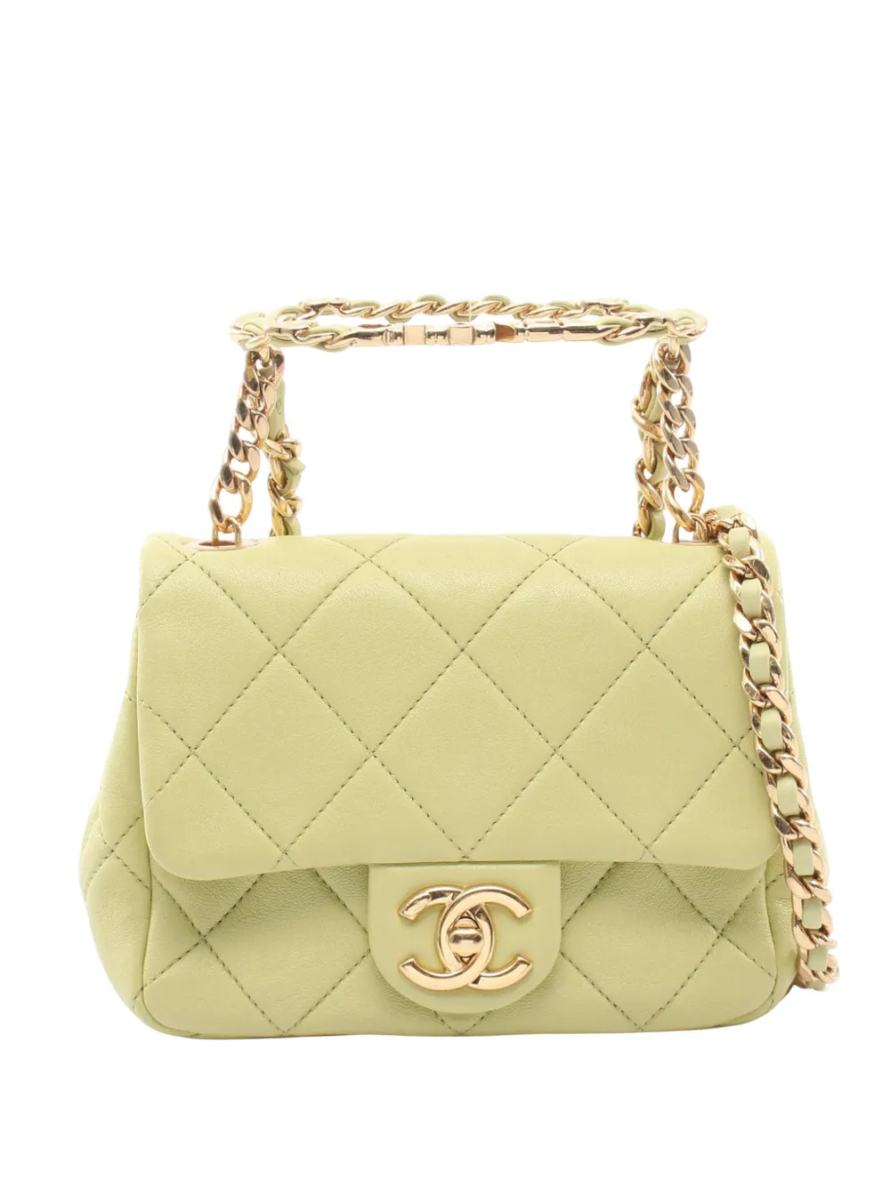 CHANEL Pre-Owned 2021-2026 Mini Quilted Lambskin Oval Logo Chain Top Handle Flap crossbody bag - Green