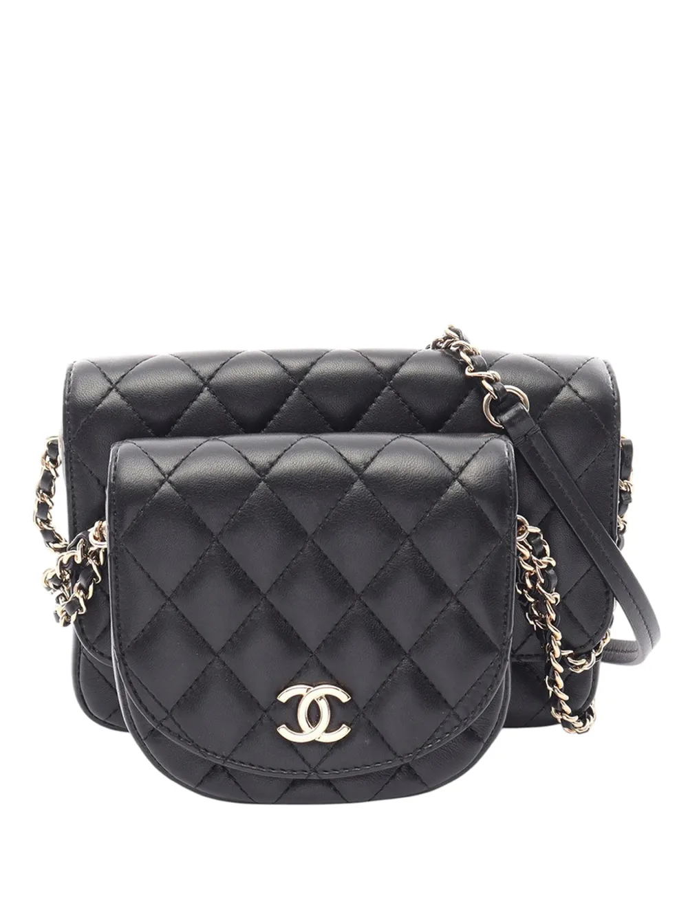 CHANEL Pre-Owned Borsa a tracolla CC in pelle di agnello trapuntata con battente e pouch 2019 - Nero