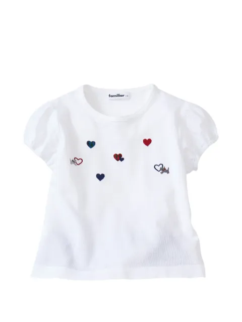 familiar heart-embroidered puff-sleeve T-shirt