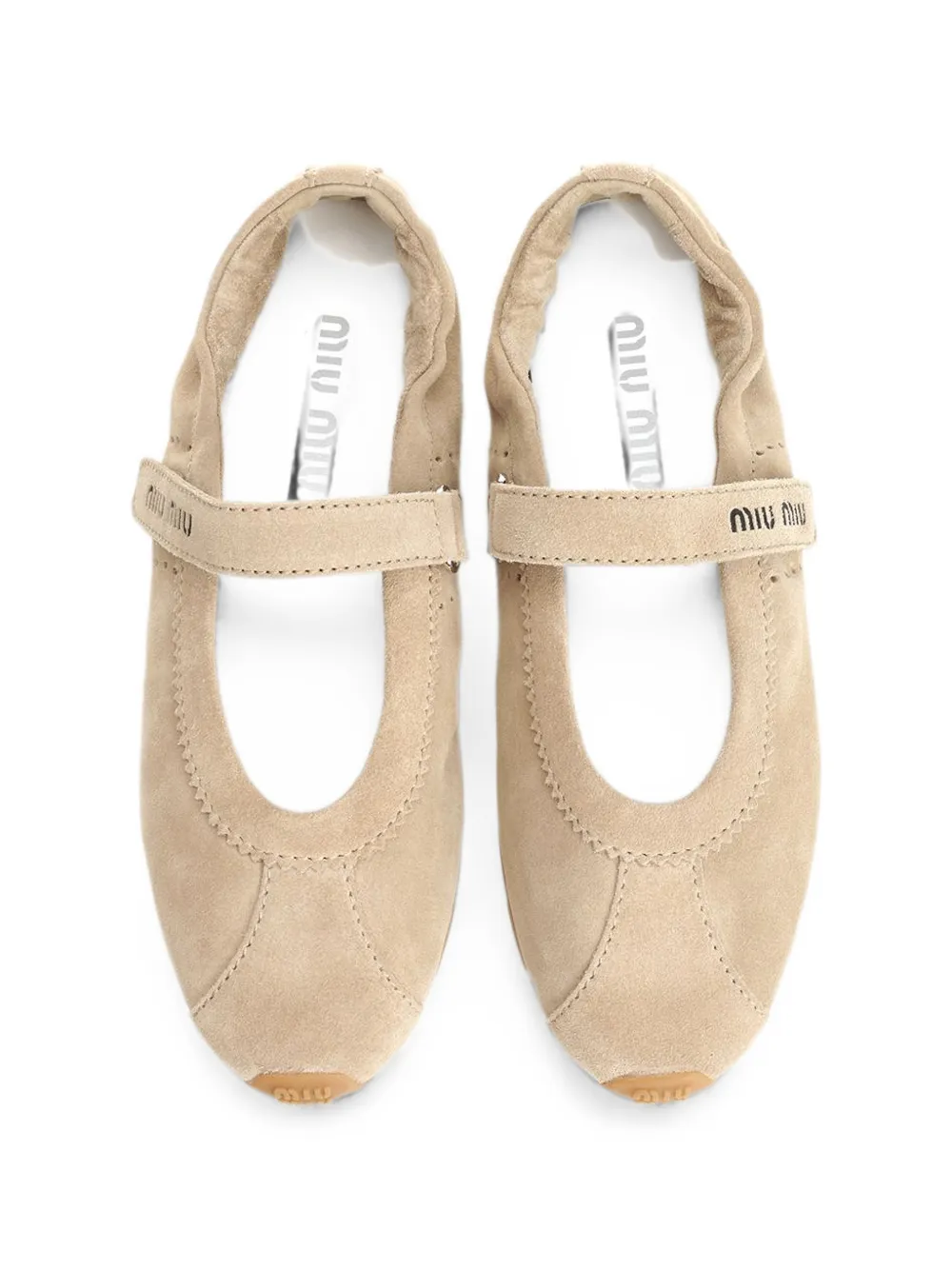 Miu Plume touch-strap suede ballet flats Beige