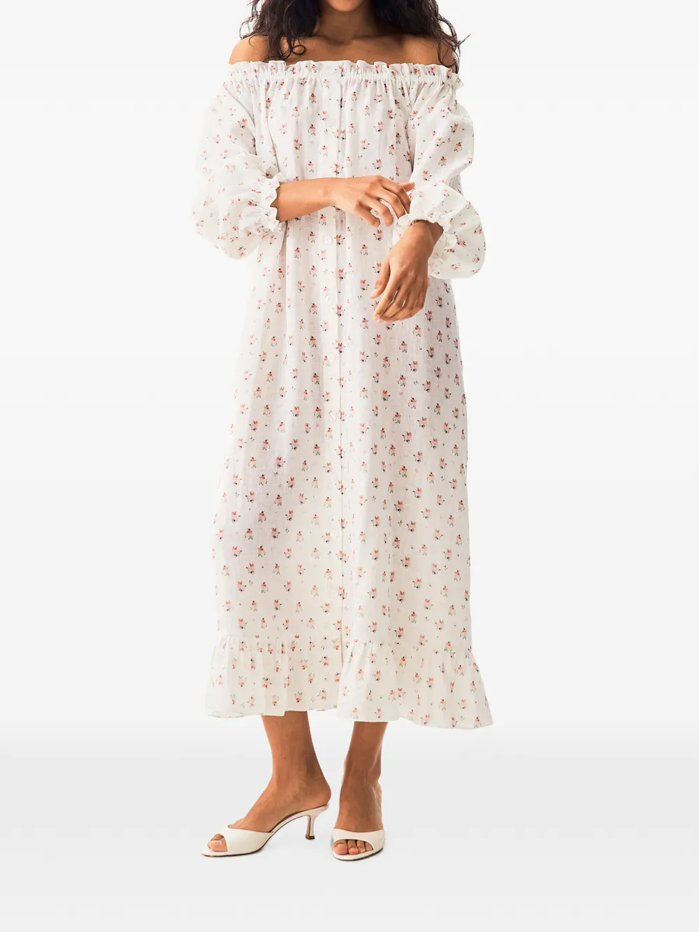 Sleeper Nachtjapon met bloemenprint en ruches Wit