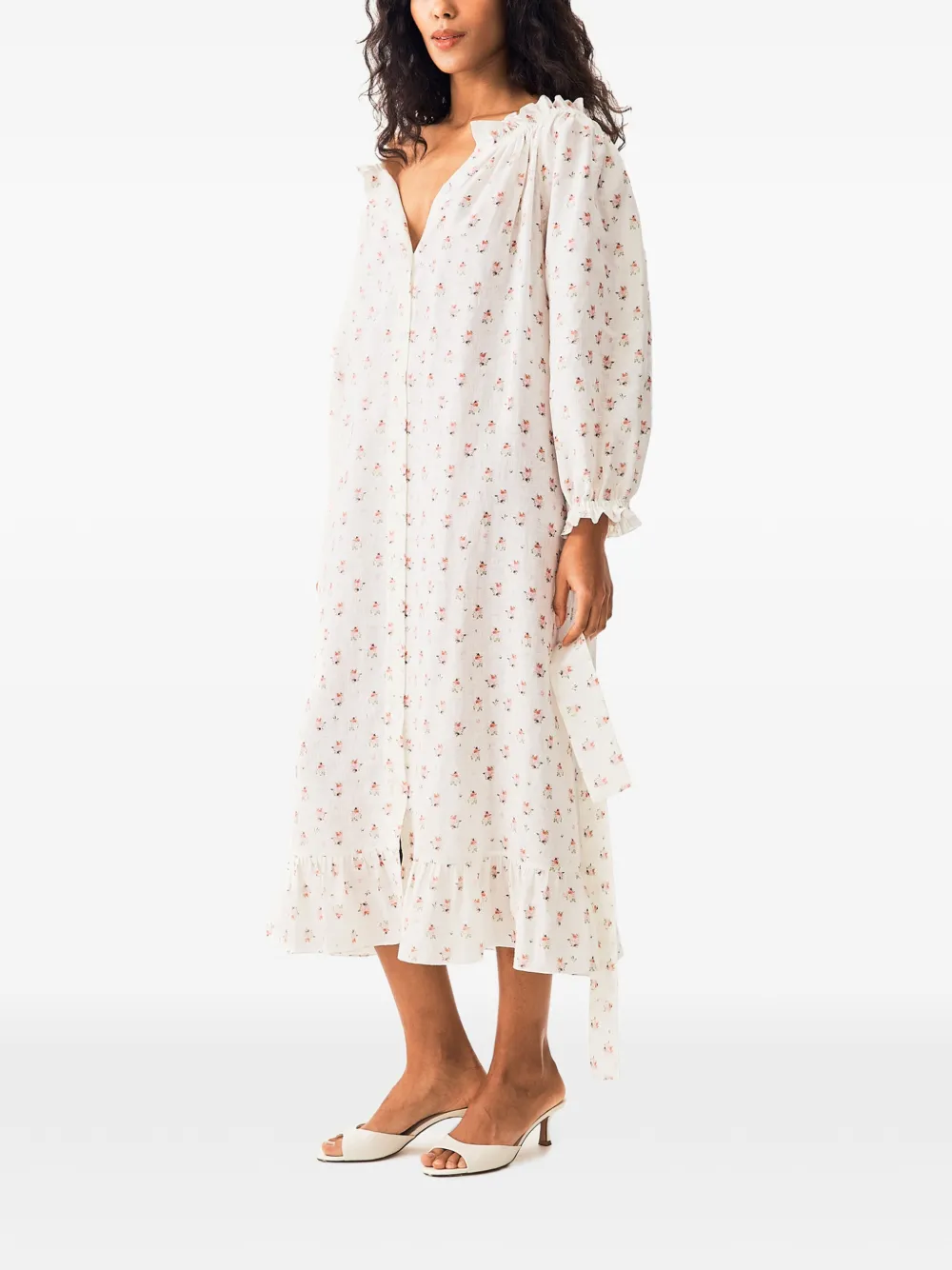 Sleeper Nachtjapon met bloemenprint en ruches Wit