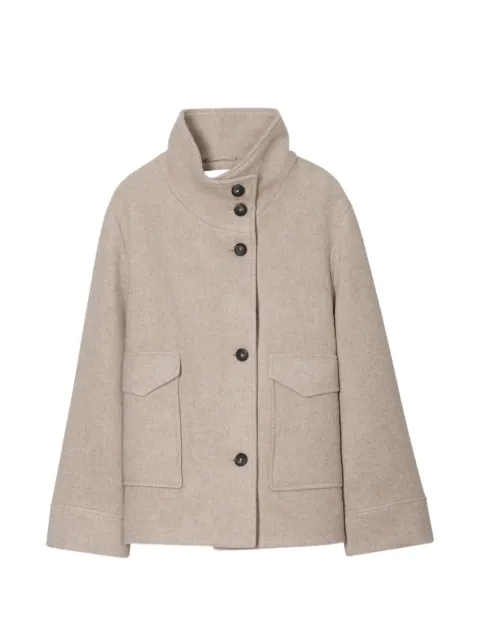 Closed button-fastening funnel-neck jacket