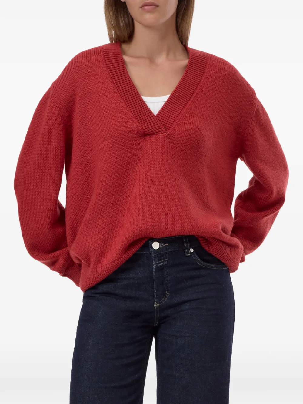 Closed V-neck long-sleeve sweater Rood