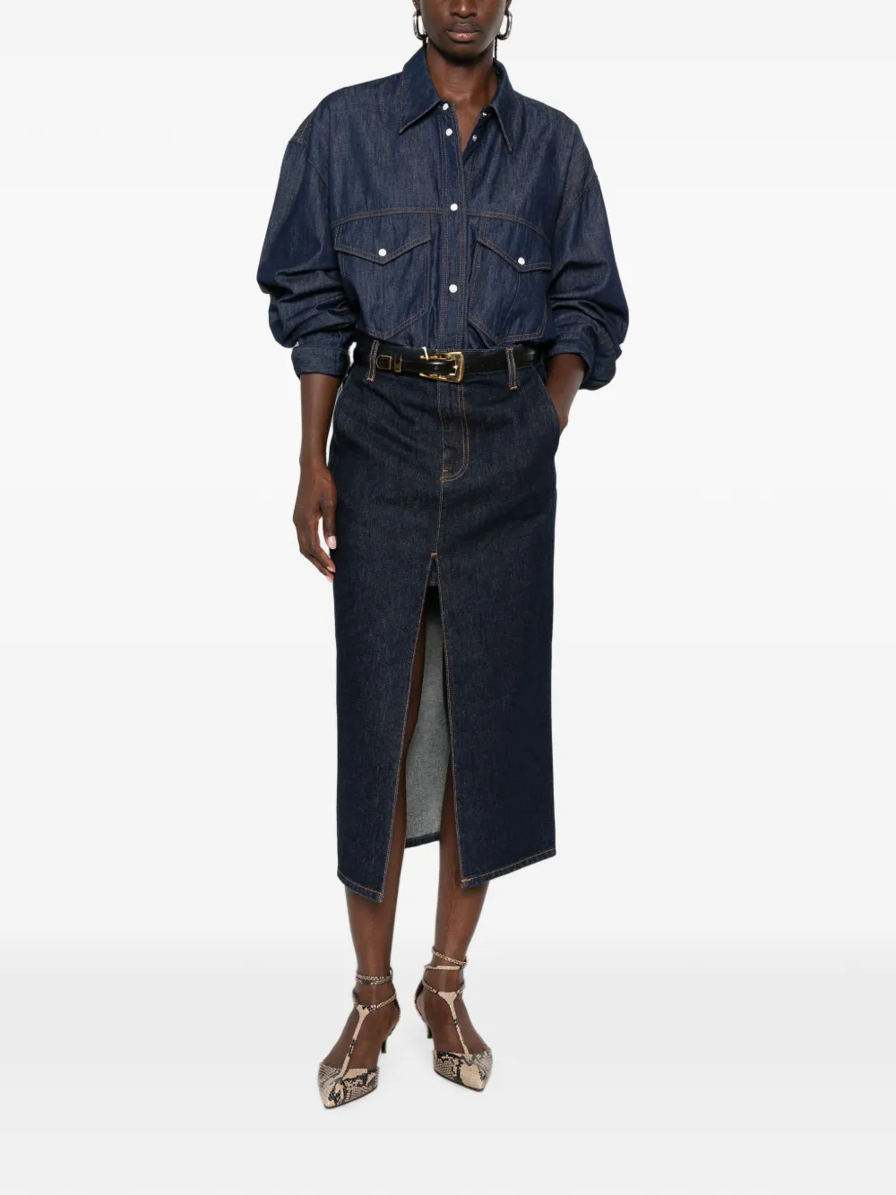 KHAITE Christensen denim blouse met contrasterende stiksels Blauw