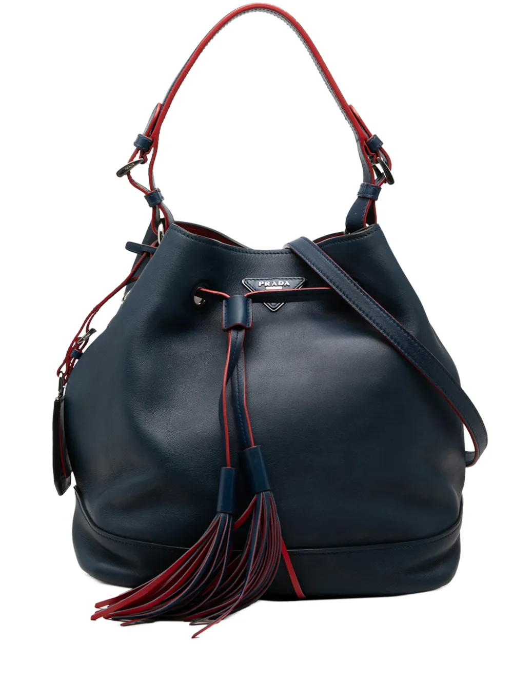 Prada Pre-Owned 2010-2026 Soft Calf Tassel Convertible Drawstring Bucket Bag satchel - Blue