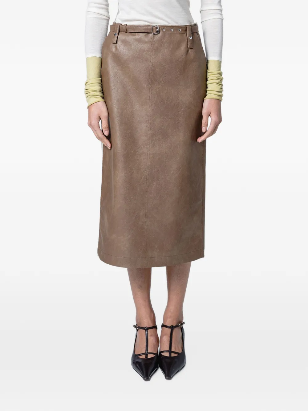 Muller Of Yoshiokubo Skin belted faux-leather midi skirt - Braun