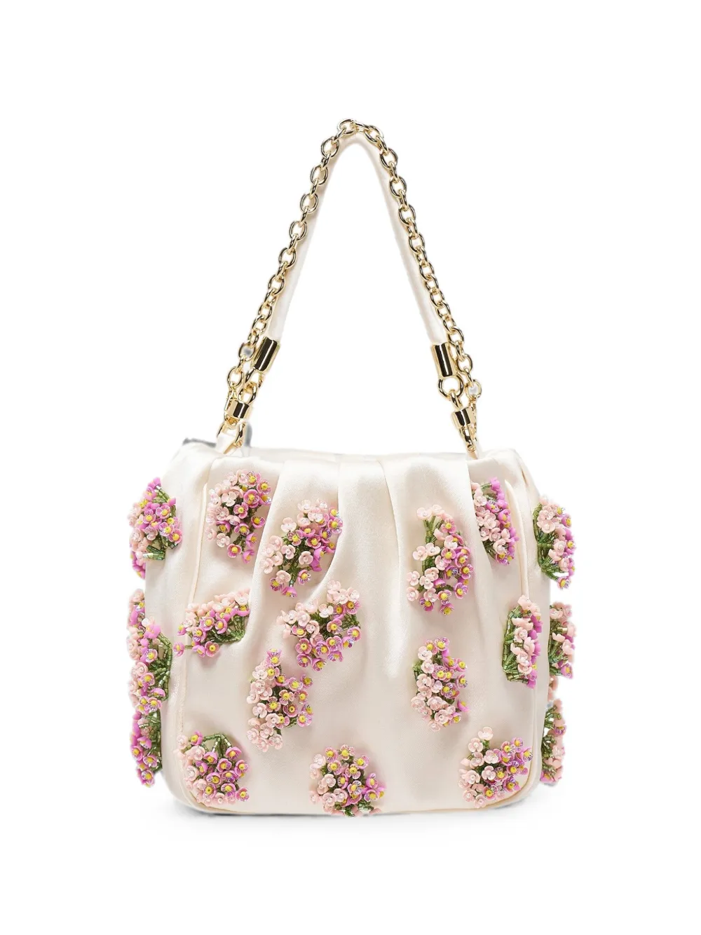 Self-Portrait floral-beaded ruched shoulder bag - Nude
