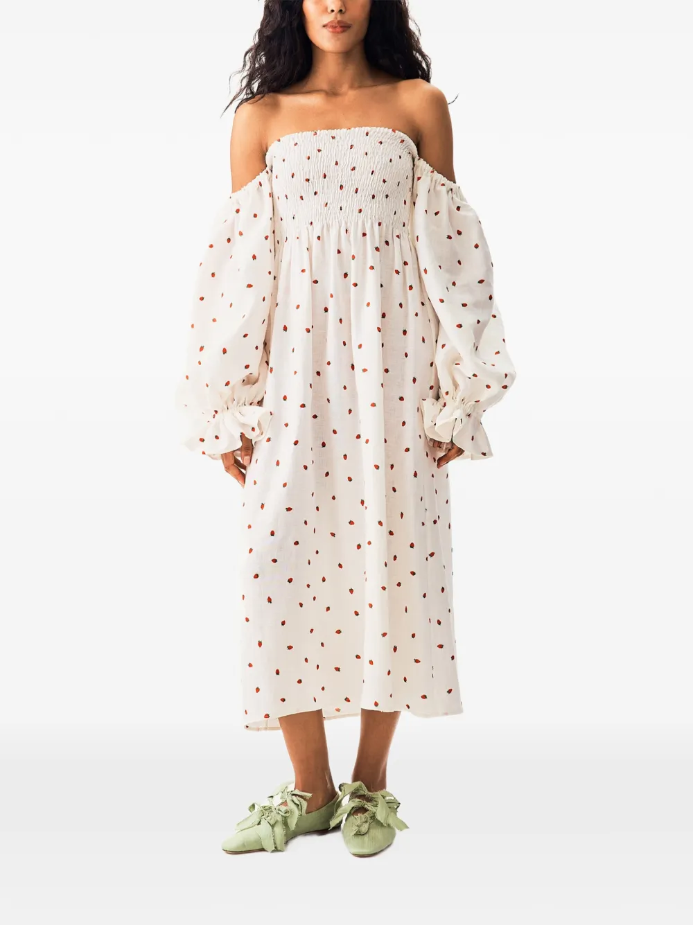 Sleeper Atlanta linnen midi-jurk met aardbeienprint Wit