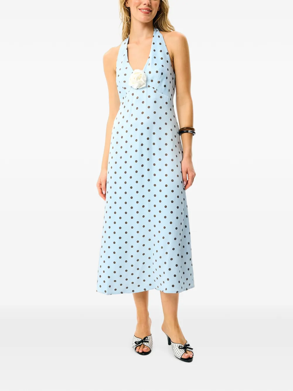 Sleeper Jardin midi-jurk met stippen en V-hals Blauw