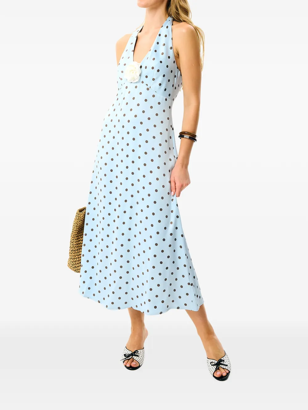 Sleeper Jardin midi-jurk met stippen en V-hals Blauw