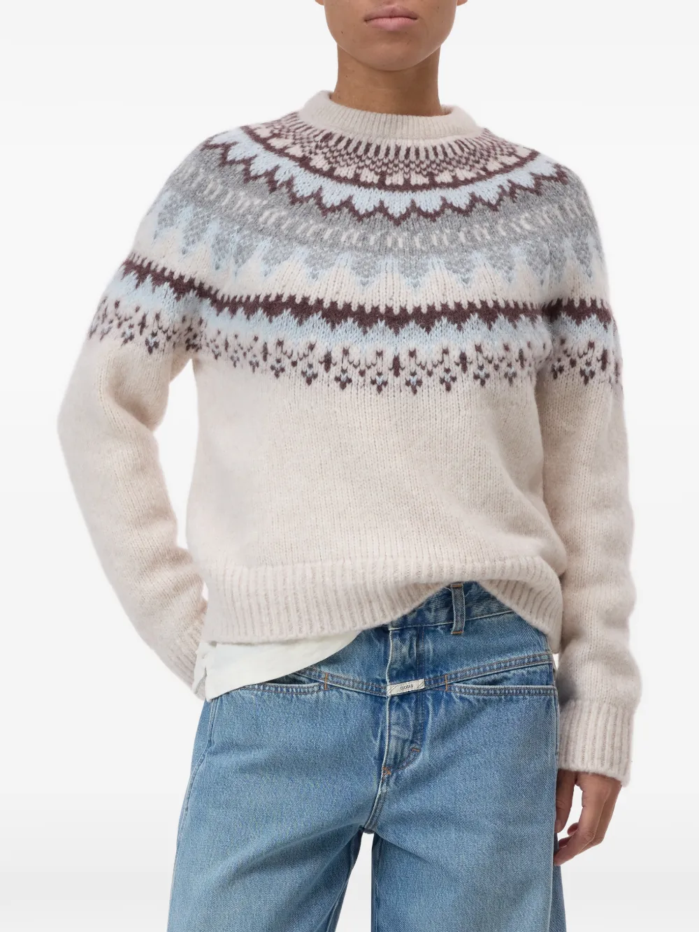 Closed ribbed-trims knit sweater Beige