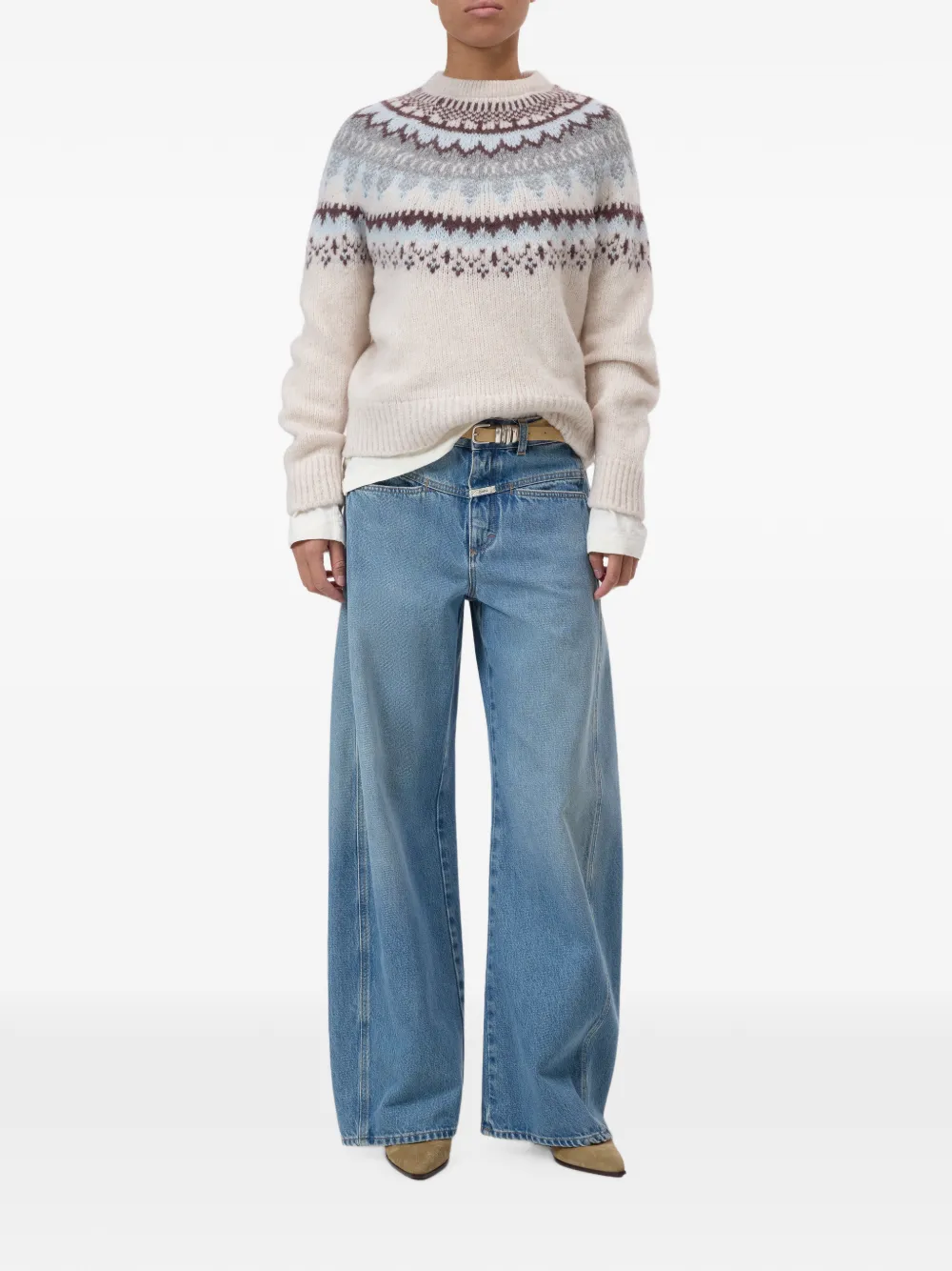 Closed ribbed-trims knit sweater Beige