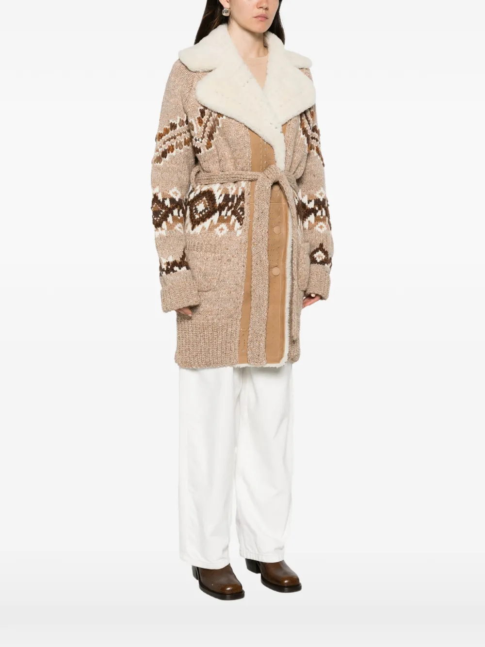Ermanno Scervino Fair Isle gebreide jas met ceintuur Beige