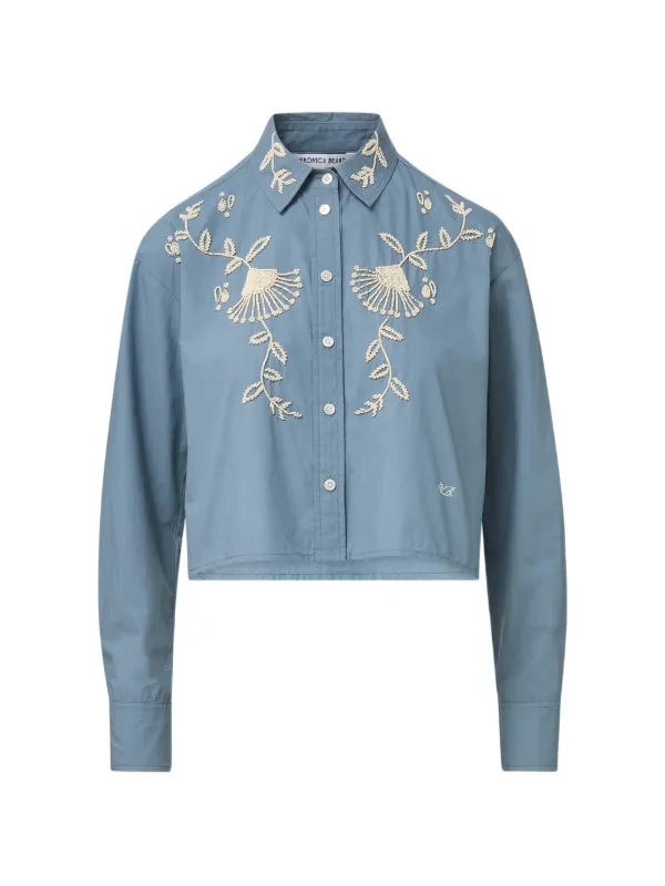 Veronica Beard Aderes Bead-embellished Cropped Cotton Shirt in Blue