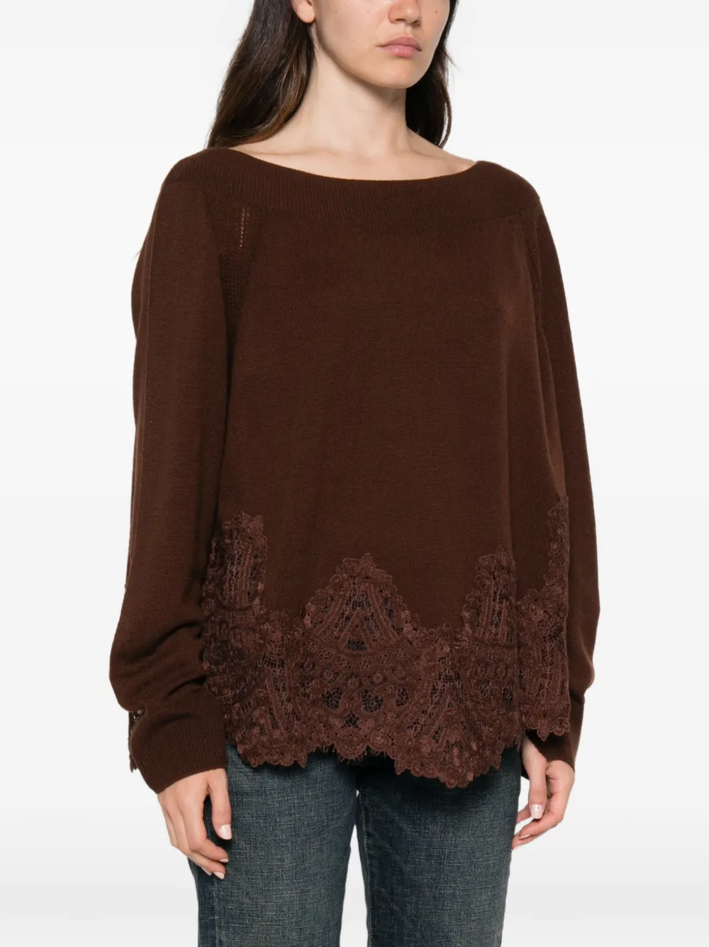 Ermanno Scervino lace-trim cashmere sweater Bruin