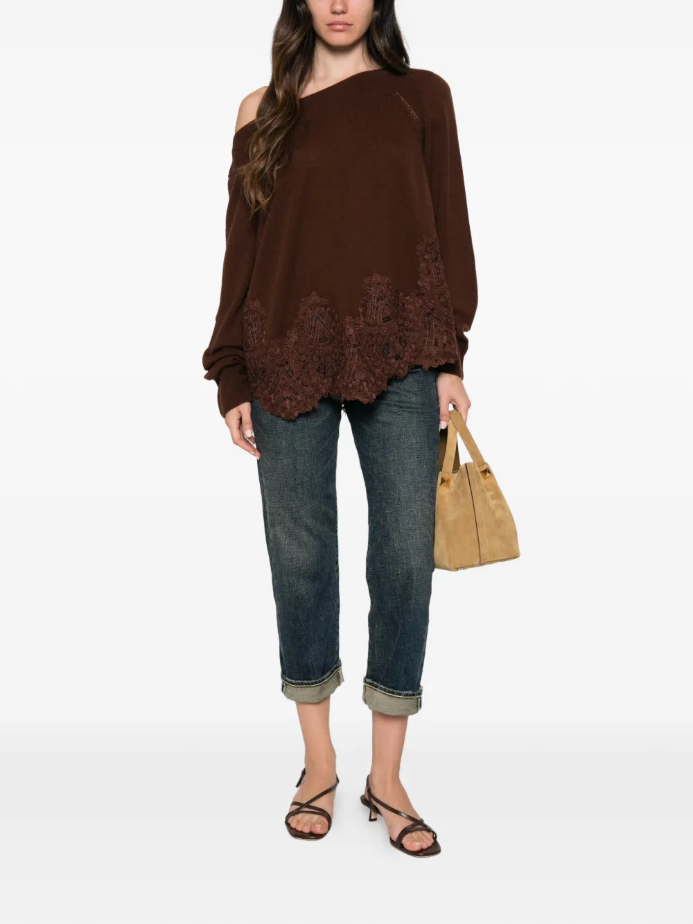 Ermanno Scervino lace-trim cashmere sweater Bruin