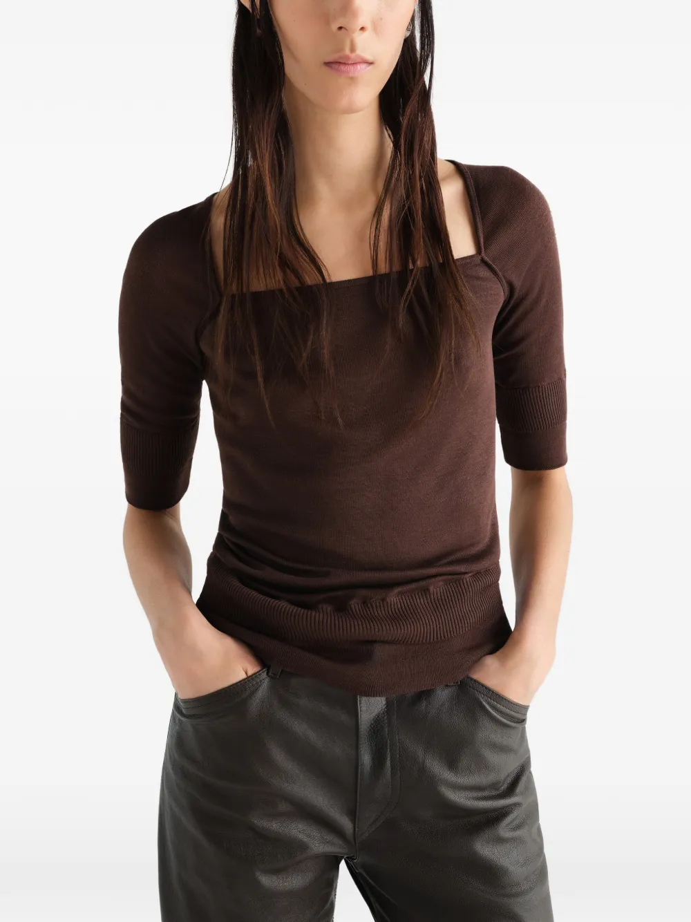 LEMAIRE Top van zijde- en viscoseblend met cropped mouwen Bruin