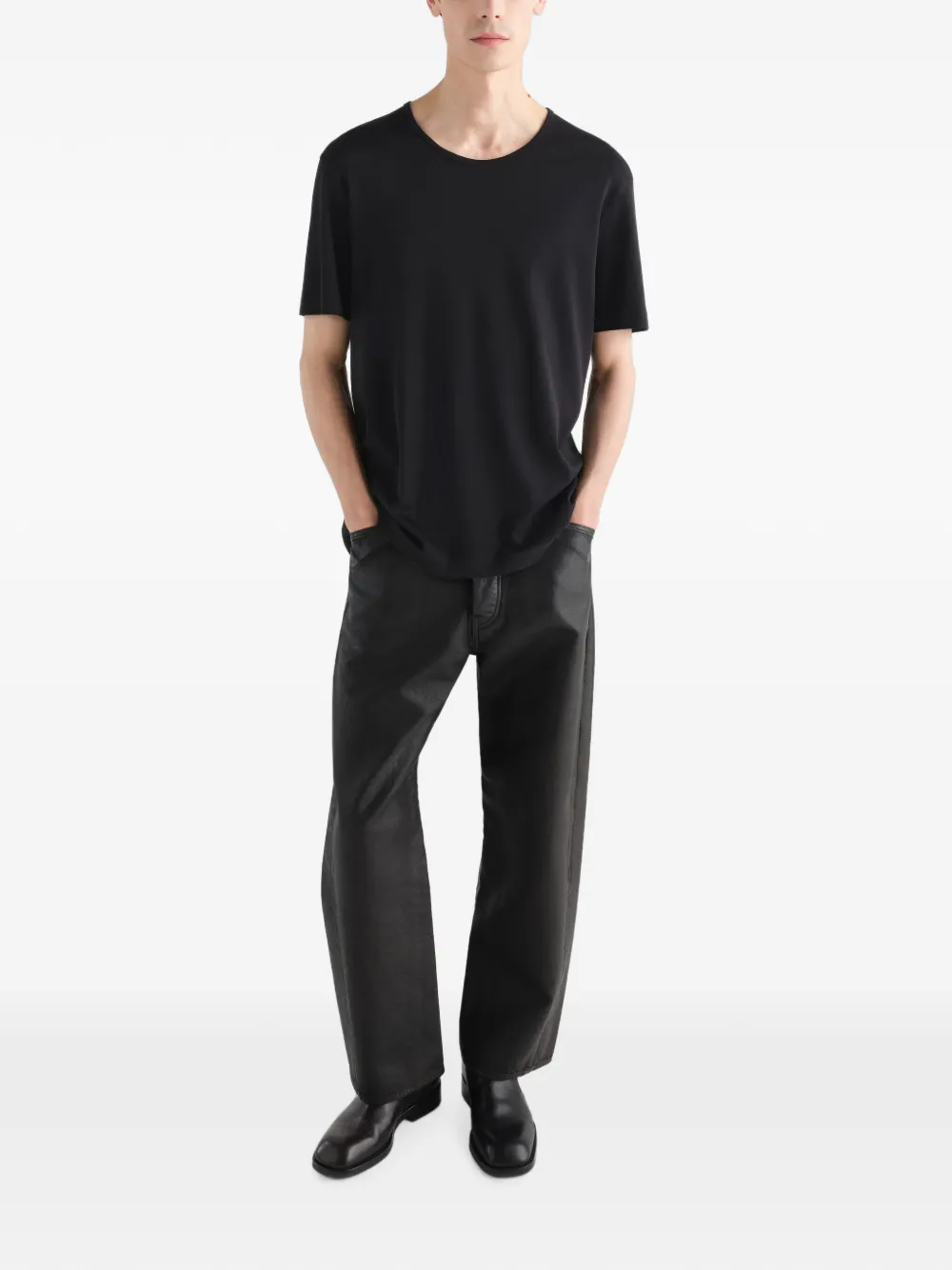 LEMAIRE Geribbeld jersey T-shirt met diepe ronde hals Zwart