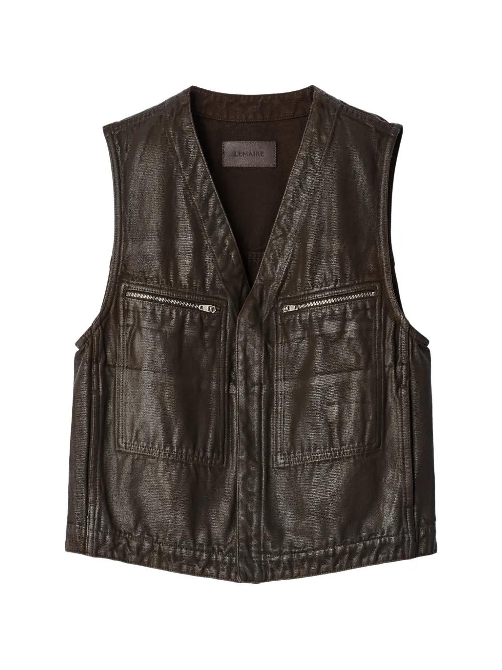 LEMAIRE utility vest in coated broken twill - Brown