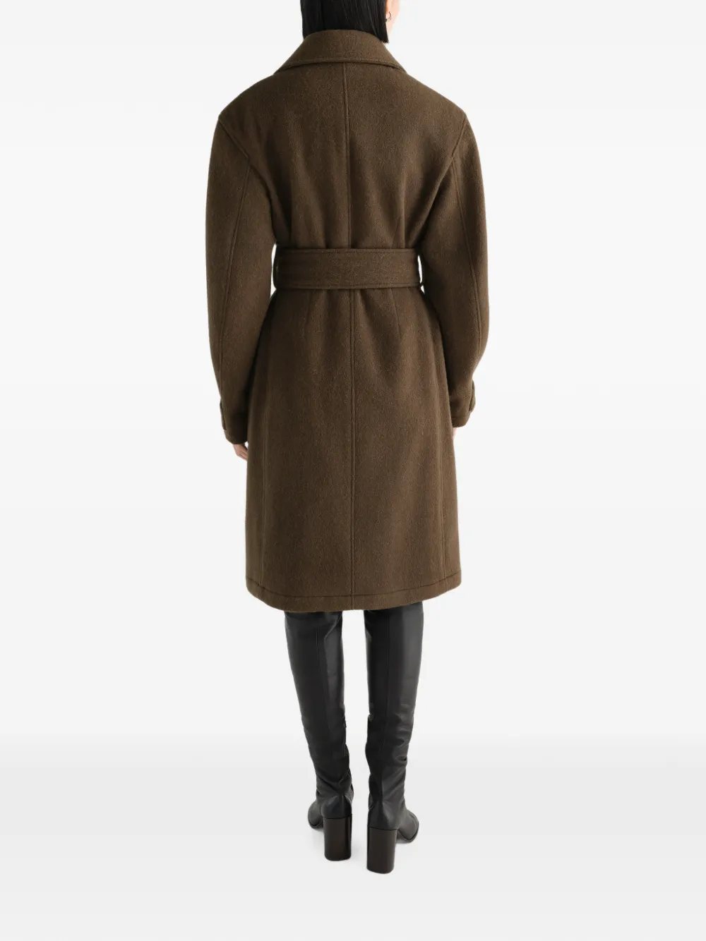 LEMAIRE Fitted Wrap Coat in Felted Wool and Alpaca Blend in Brown, view 4