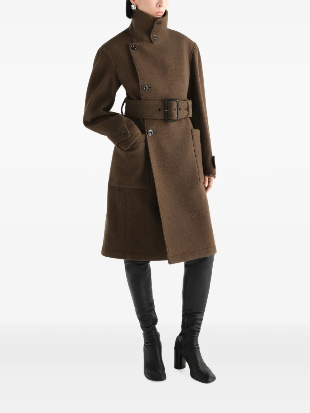 LEMAIRE Fitted Wrap Coat in Felted Wool and Alpaca Blend in Brown, view 2