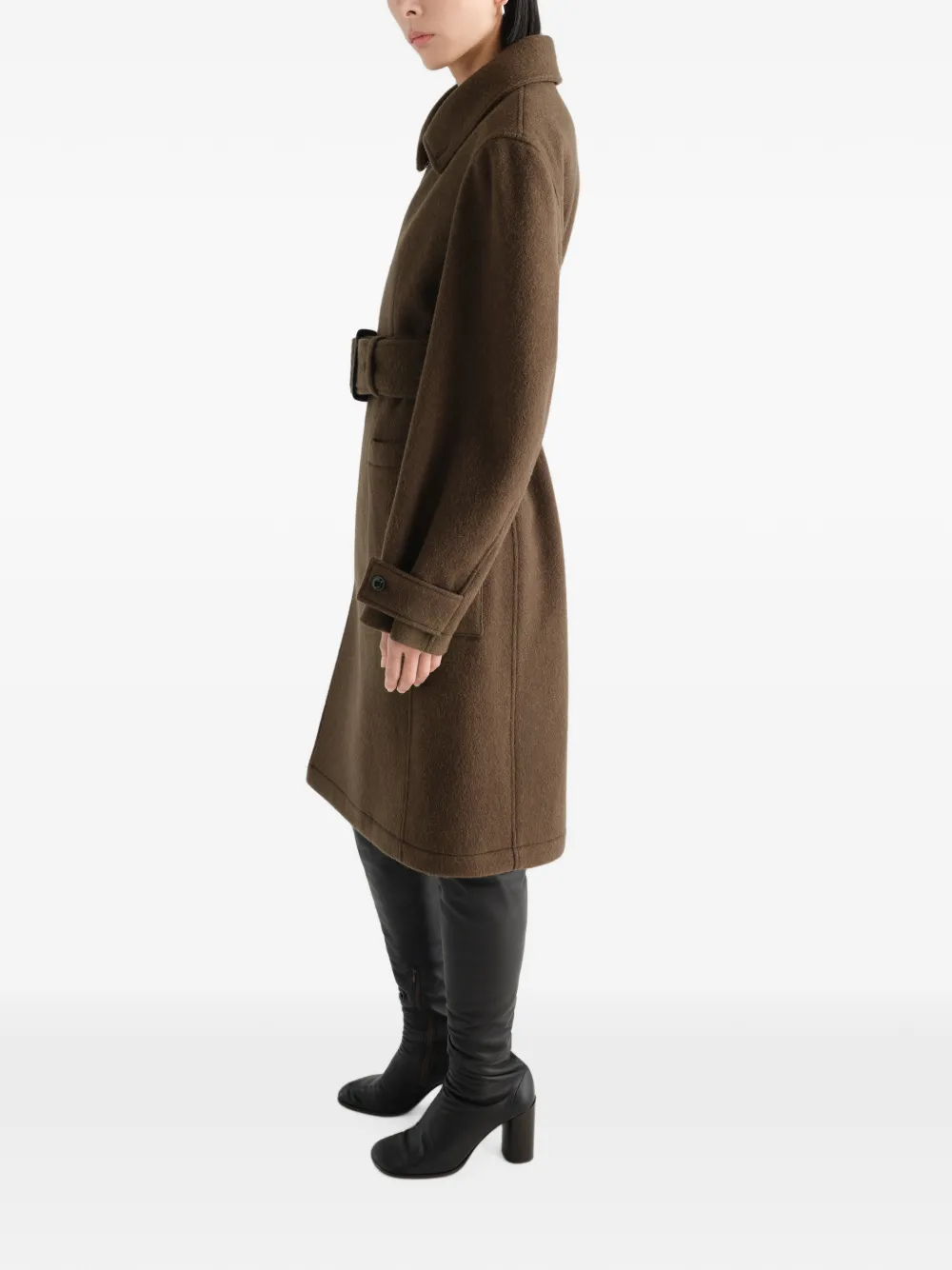 LEMAIRE Fitted Wrap Coat in Felted Wool and Alpaca Blend in Brown, view 3