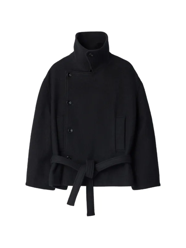 Lemaire Short Wrap Coat in Felted Wool and Alpaca Blend in Black