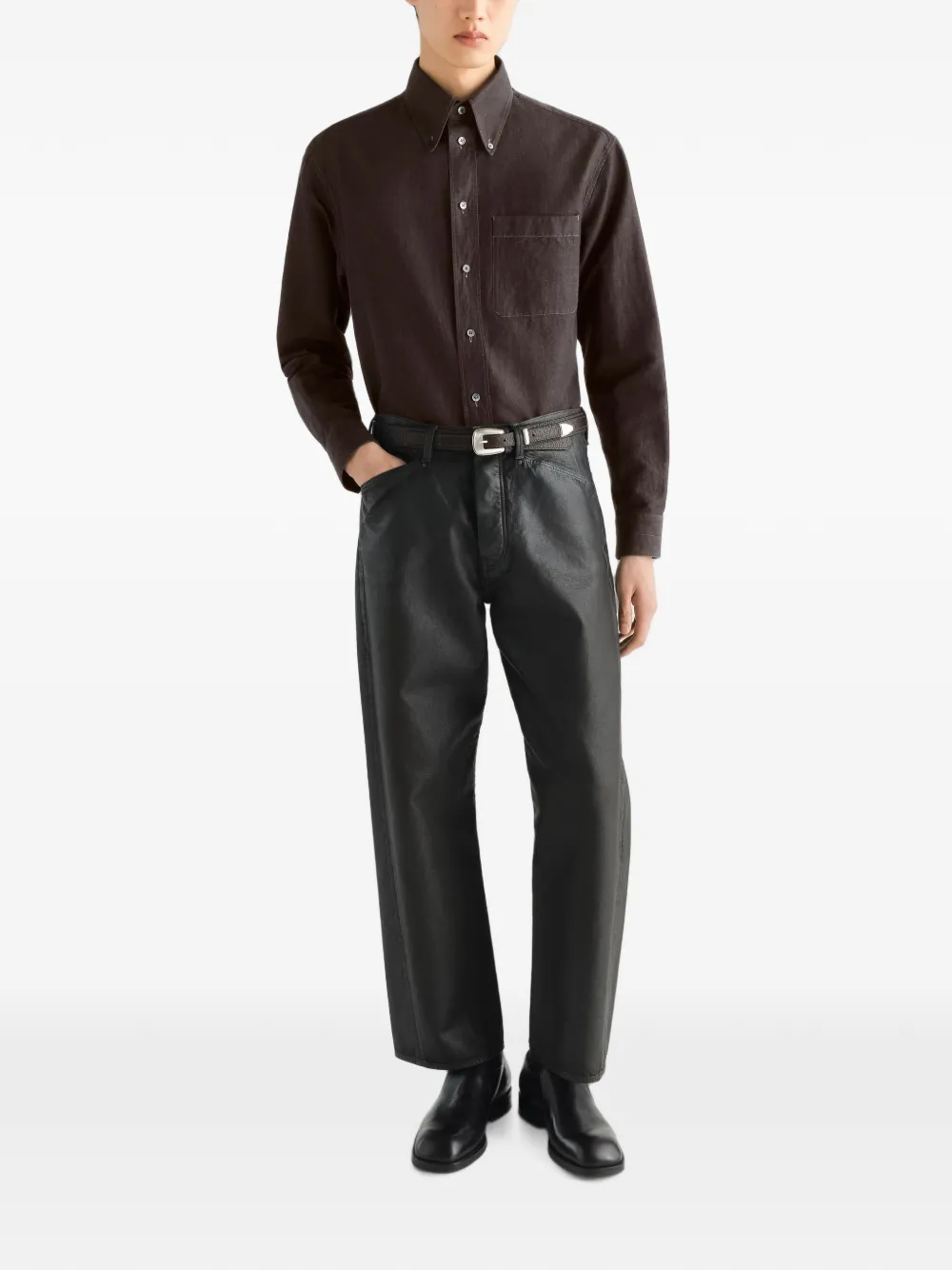 LEMAIRE Button-down overhemd van linnen en katoenen chambray Bruin