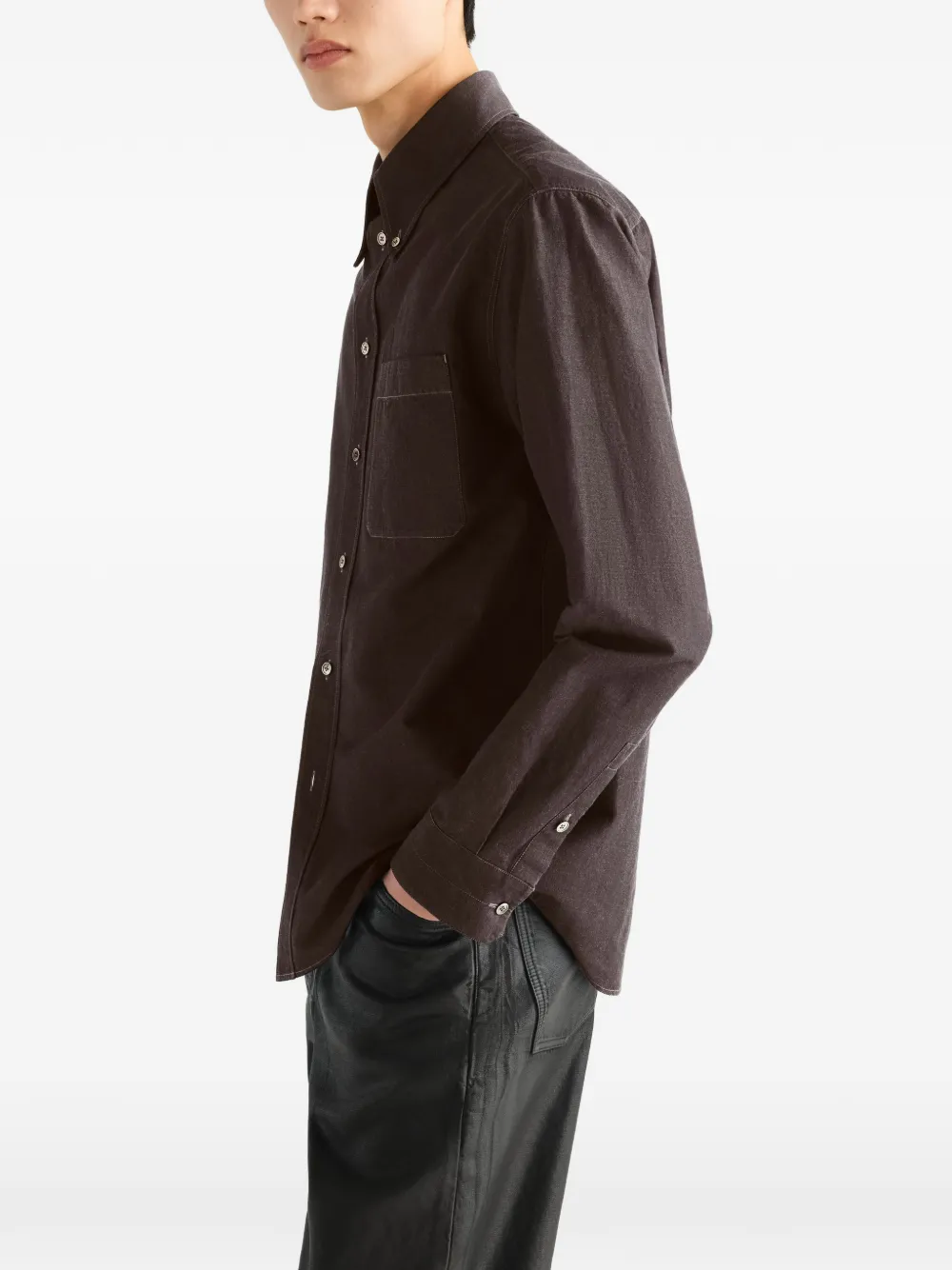 LEMAIRE Button-down overhemd van linnen en katoenen chambray Bruin