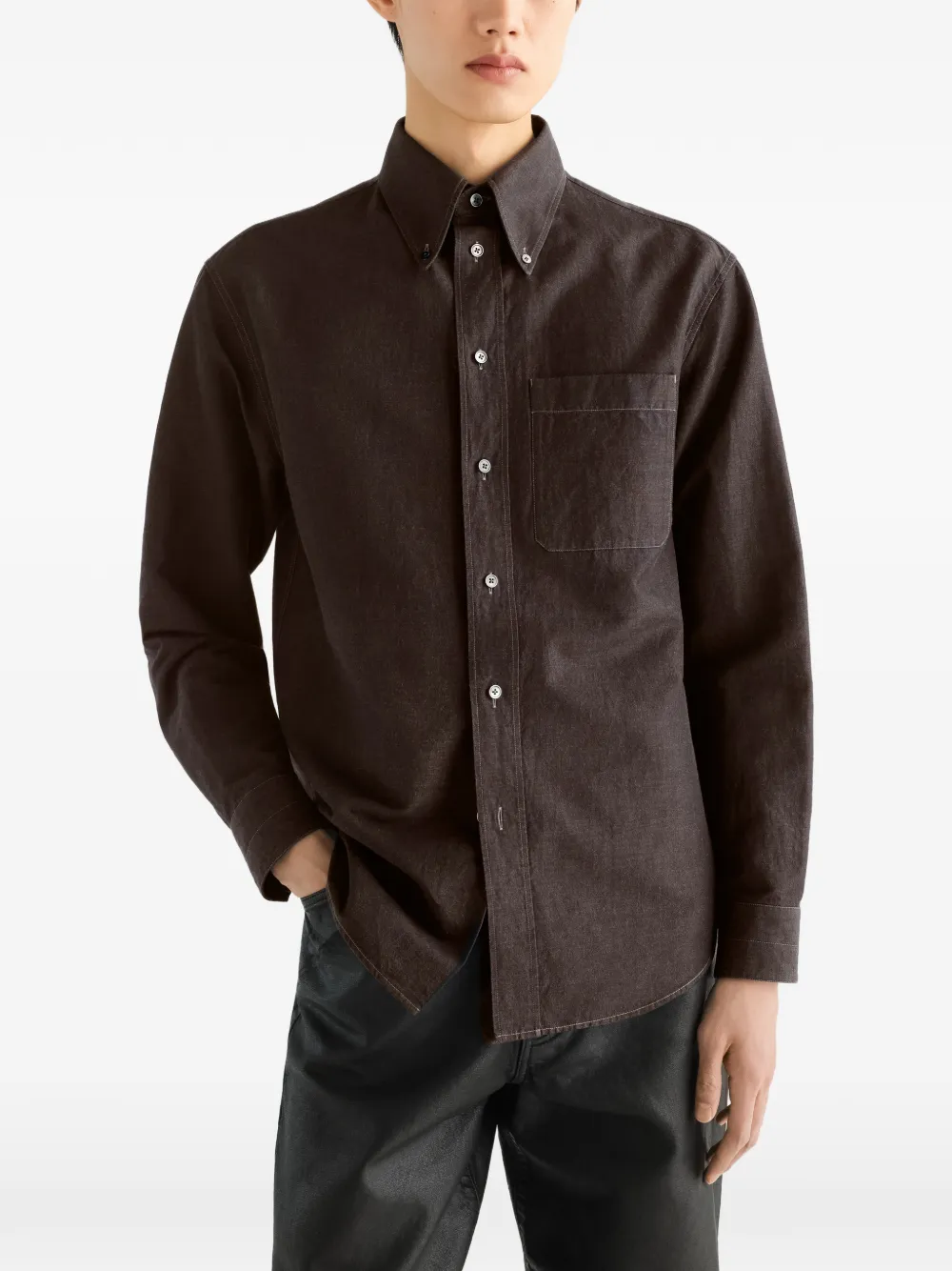 LEMAIRE Button-down overhemd van linnen en katoenen chambray Bruin
