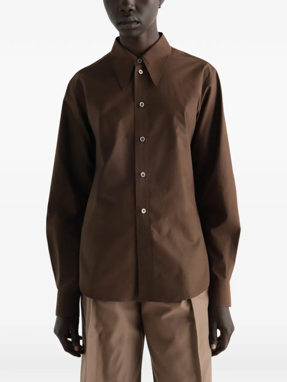 LEMAIRE Blouse met puntige kraag van katoenen-zijdeblend Bruin