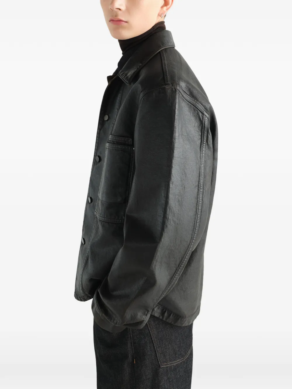 LEMAIRE Workwear shirtjack van gecoat denim Bruin