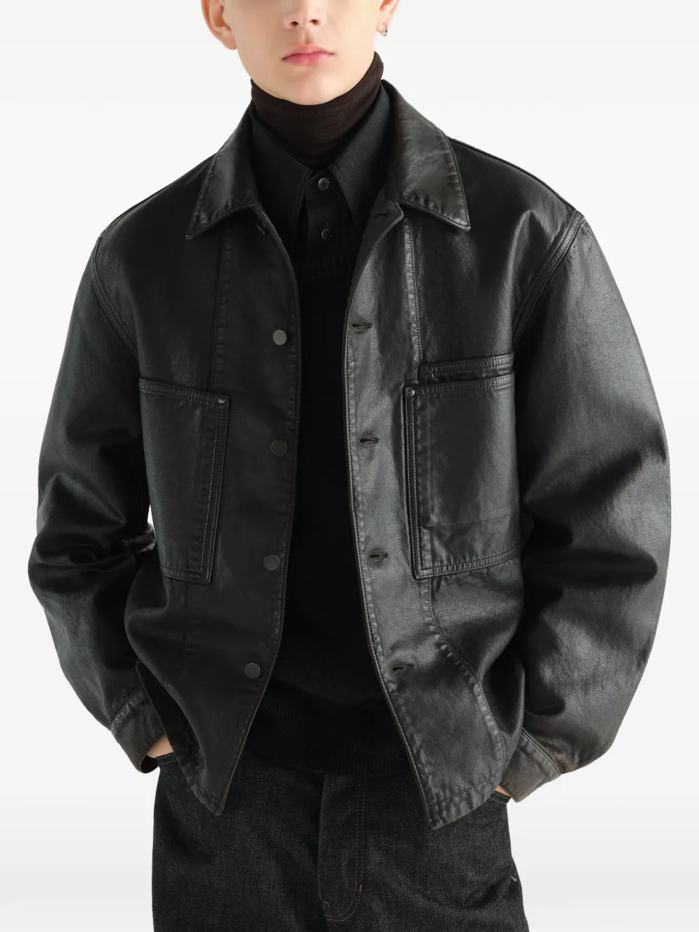 LEMAIRE Workwear shirtjack van gecoat denim Bruin