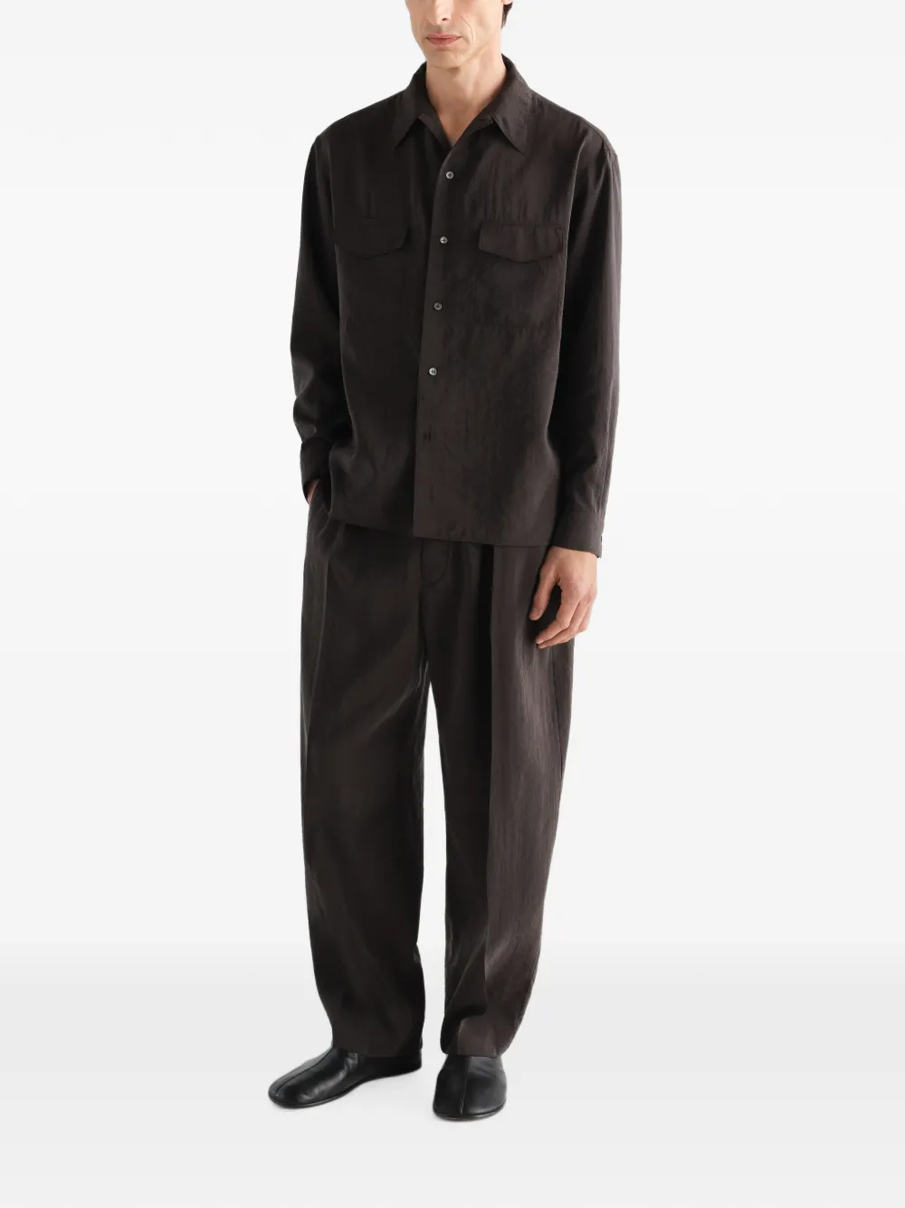 LEMAIRE Belted Relaxed Trousers in Dry Silk in Brown, view 2