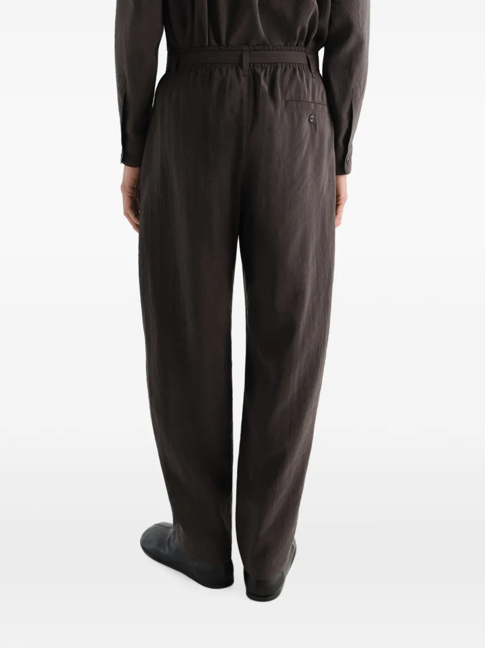 LEMAIRE Belted Relaxed Trousers in Dry Silk in Brown, view 4