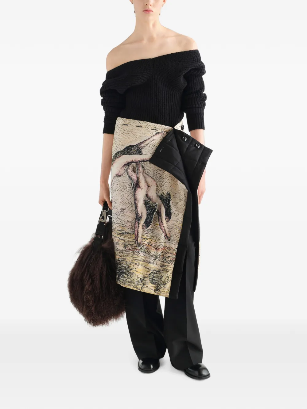 LEMAIRE Off-shoulder trui van gerafelde wol Zwart