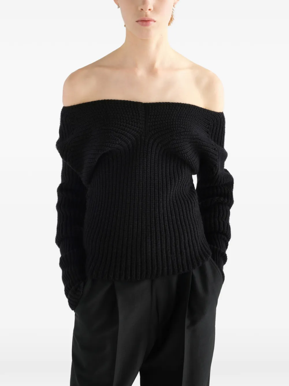 LEMAIRE Off-shoulder trui van gerafelde wol Zwart