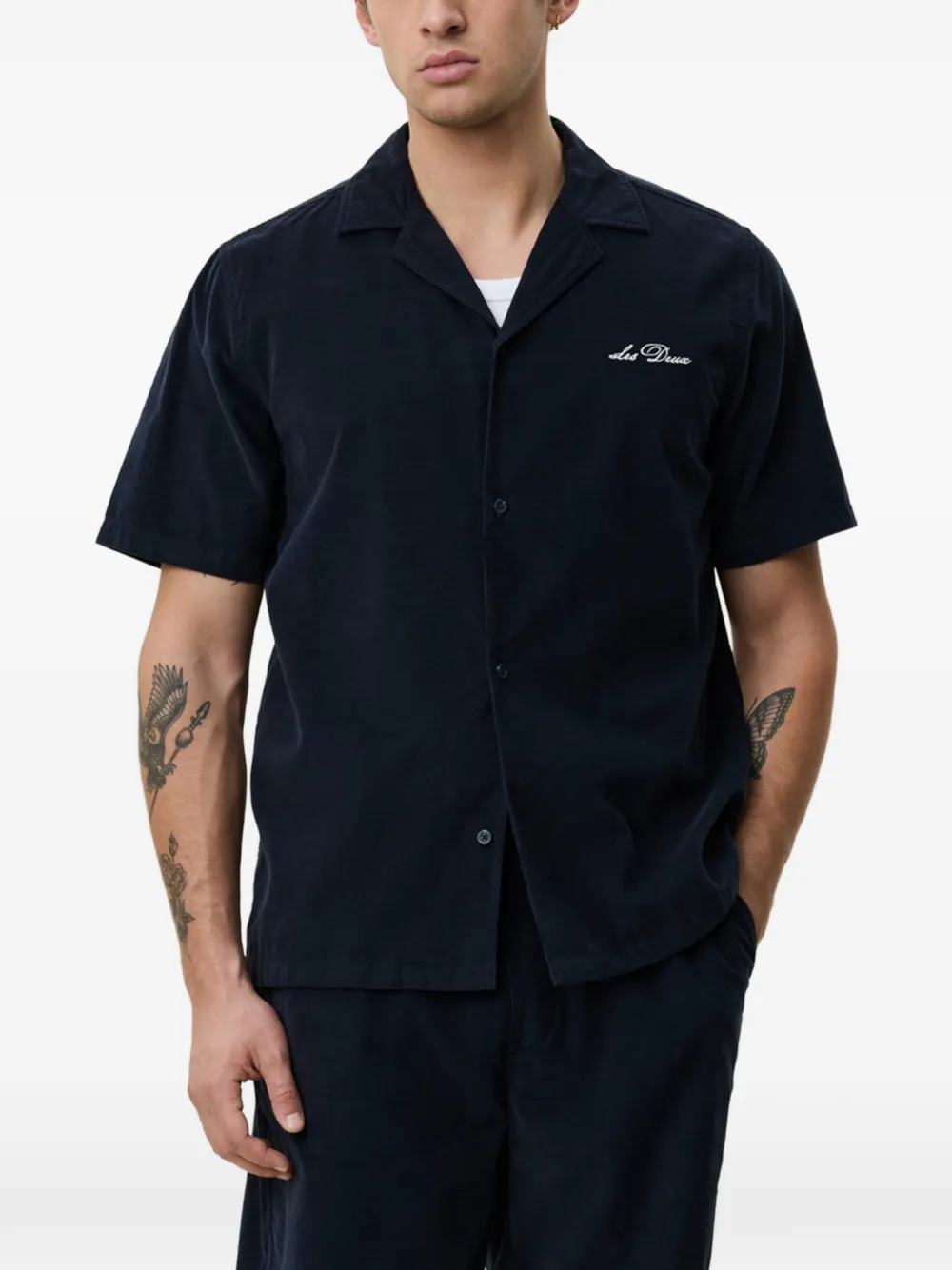 Les Deux Signature Mini Cord SS ribfluwelen overhemd Blauw