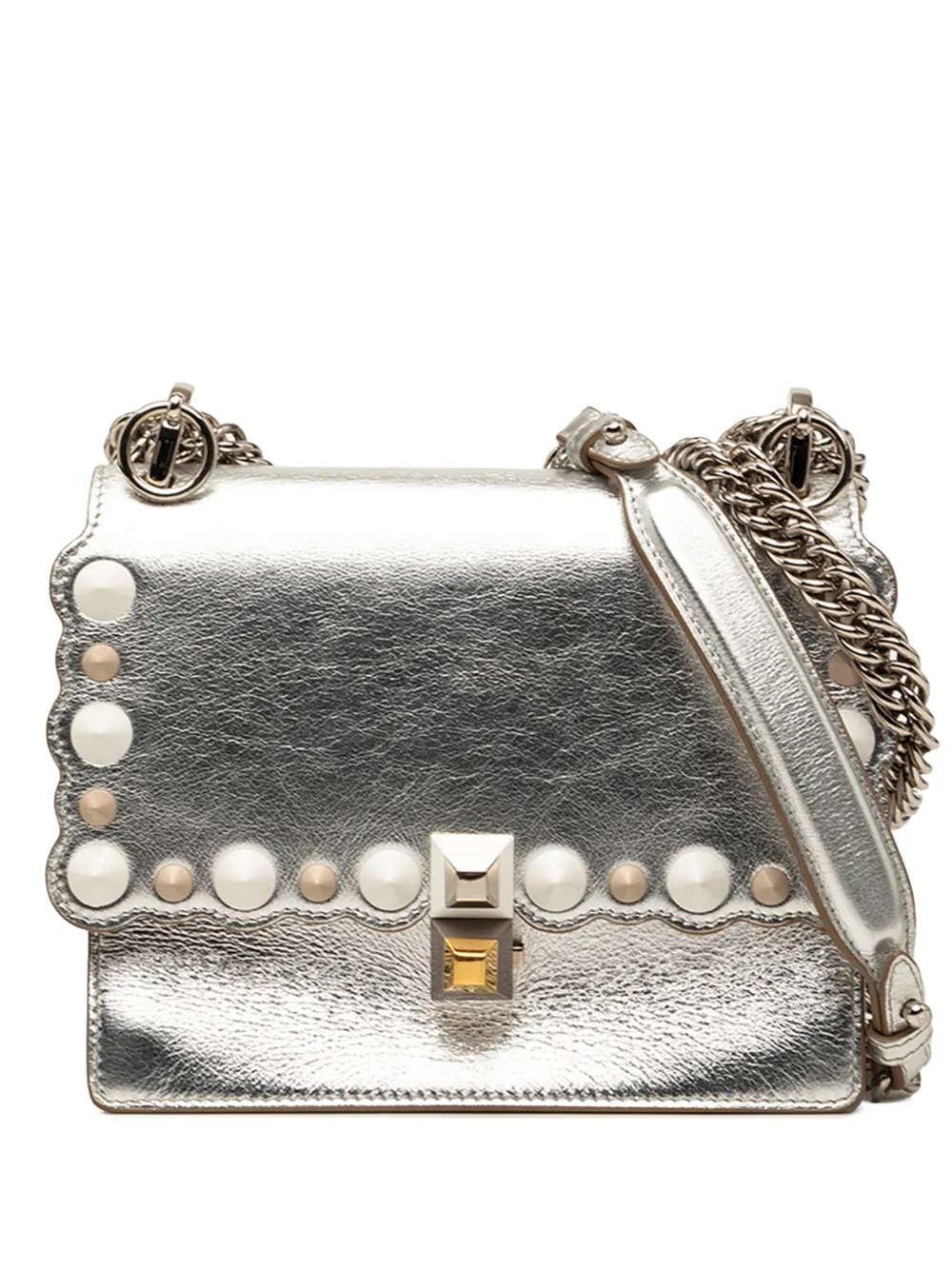 Fendi Pre-Owned Borsa a tracolla Kan I mini in pelle con orlo a smerlo e perle 2010-2026 - Argento