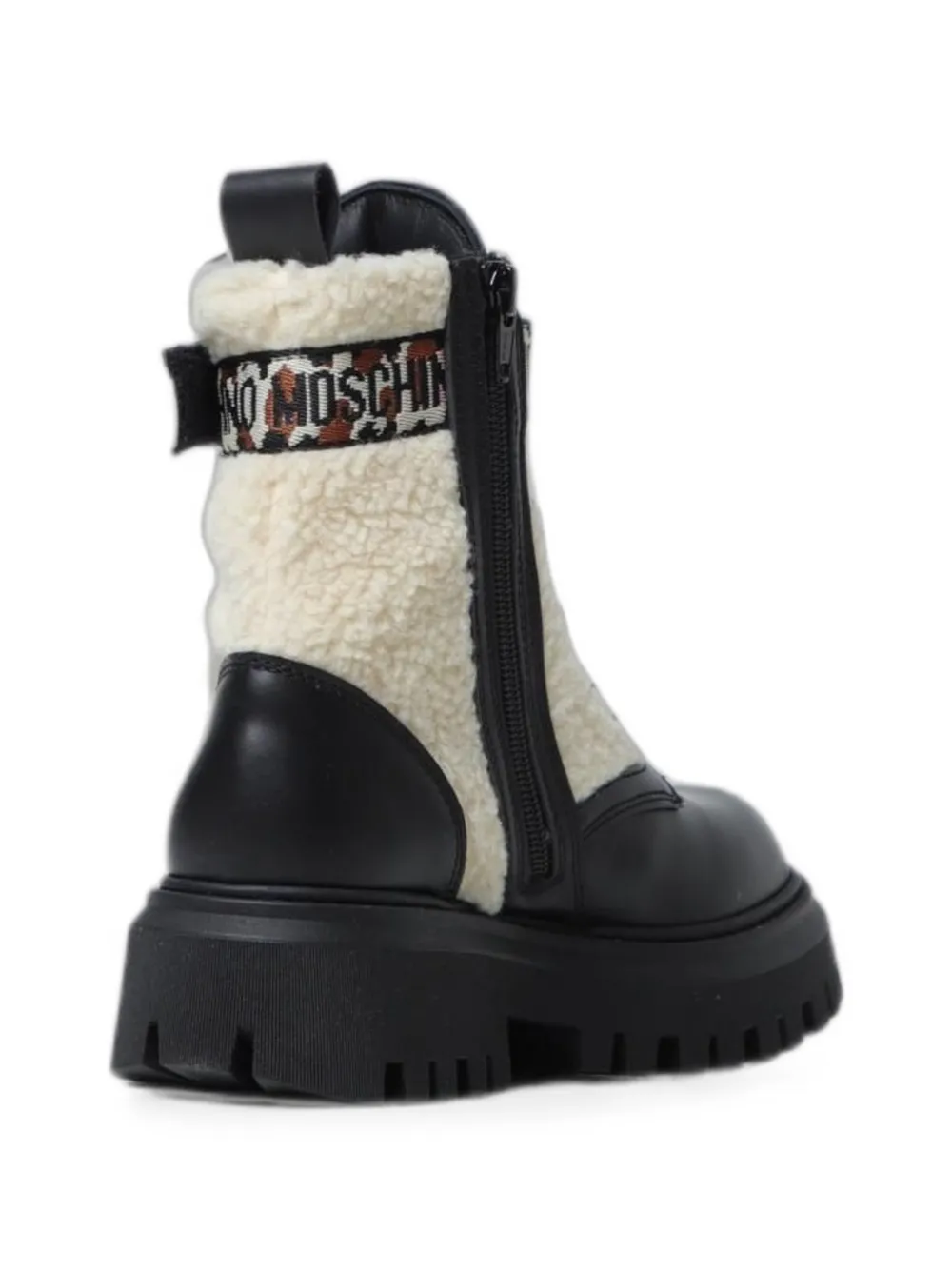 Moschino Kids logo-strap shearling-panel ankle boots Zwart