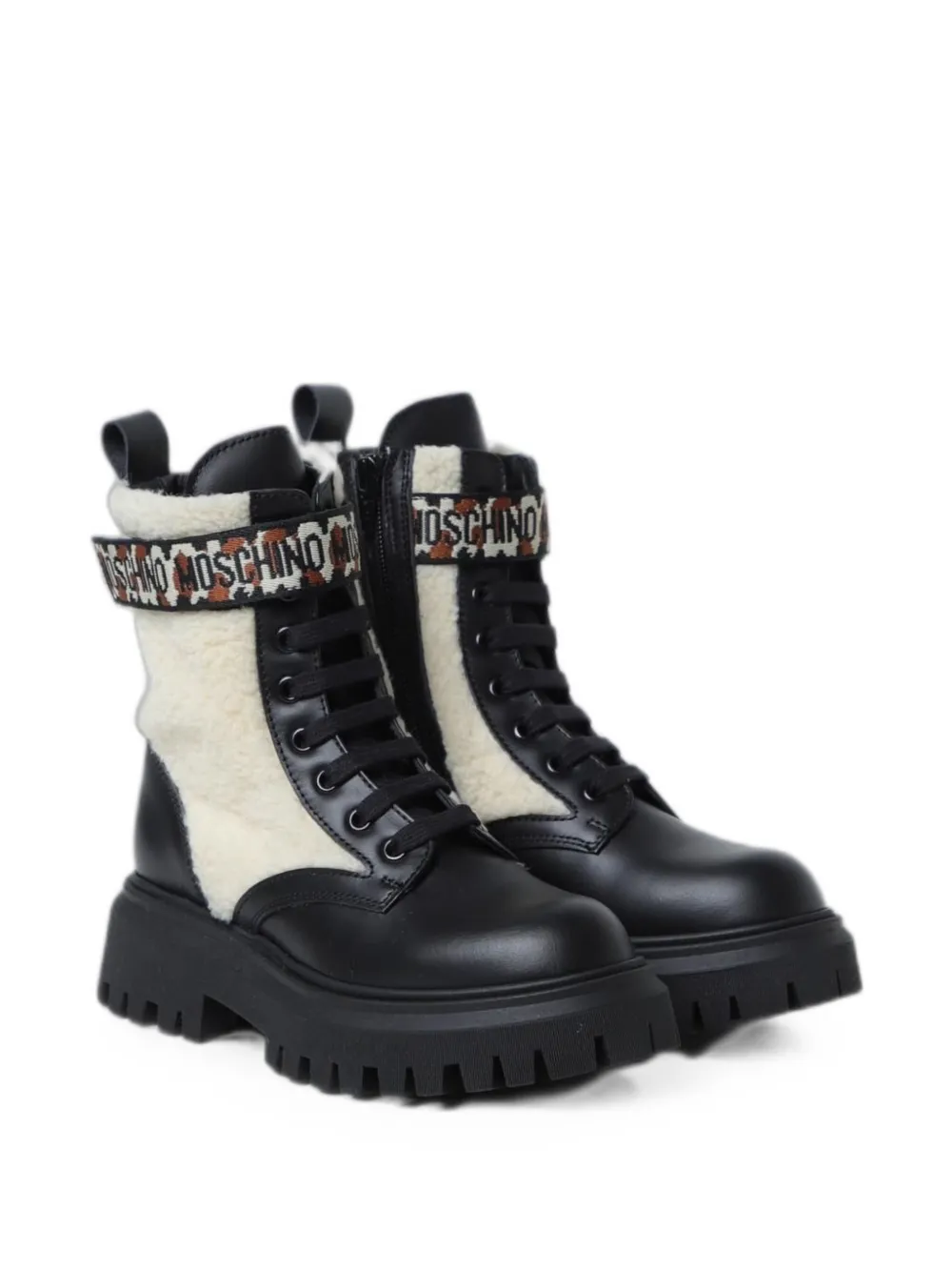 Moschino Kids logo-strap shearling-panel ankle boots Zwart