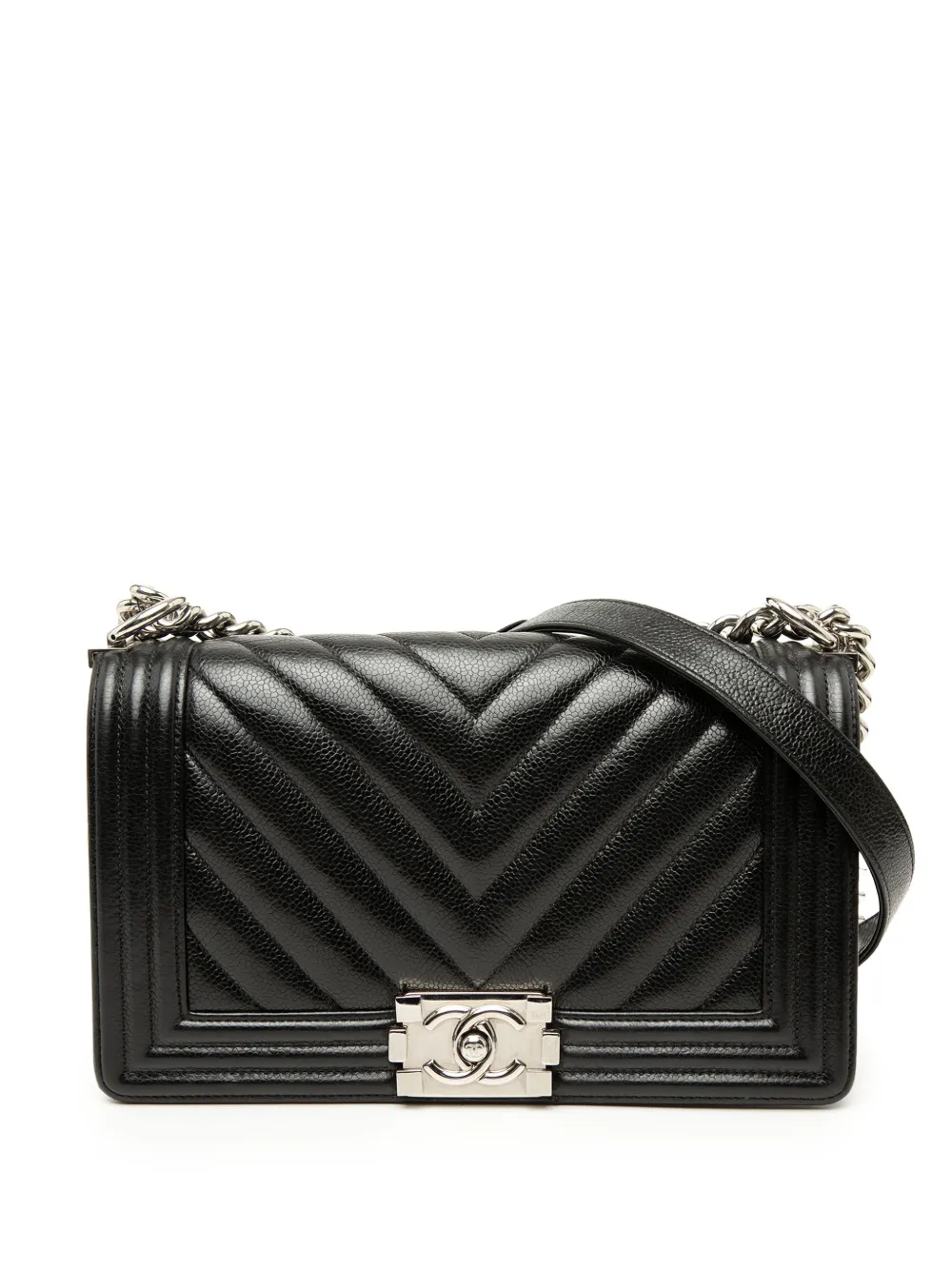 CHANEL Pre-Owned Borsa a tracolla Boy media in pelle Caviar con motivo chevron 2019 - Nero