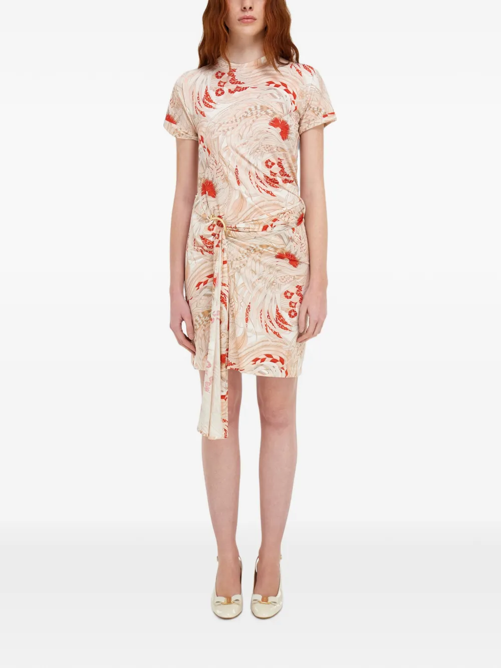 Ferragamo Gedrapeerde jurk met haan-print Beige